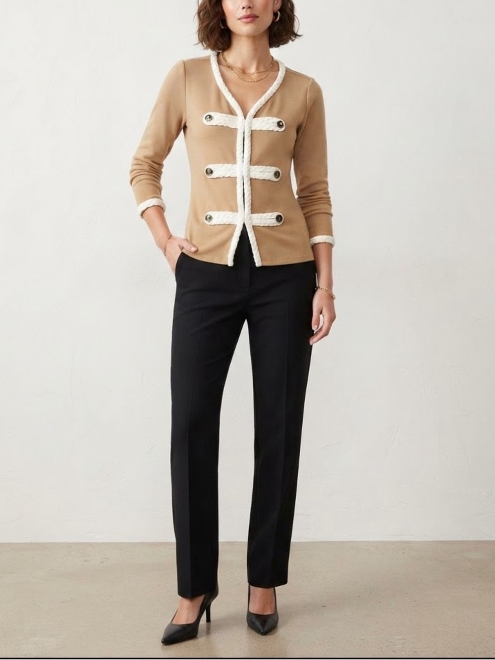 Katherine Barclay Taupe Jacket with Cream Braided Trim